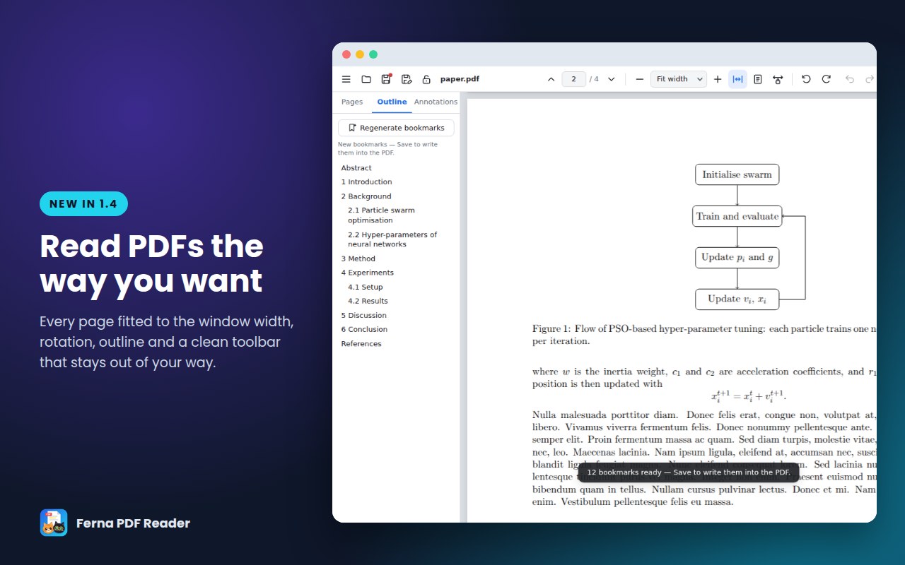 Ferna PDF Reader showing a document with its outline